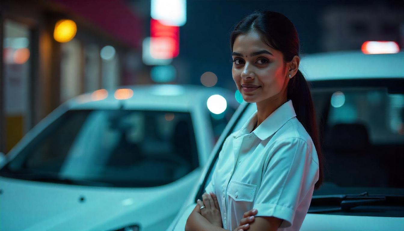 Female cab driver ensuring safe, reliable employee shuttle services in India with a focus on women’s safety.